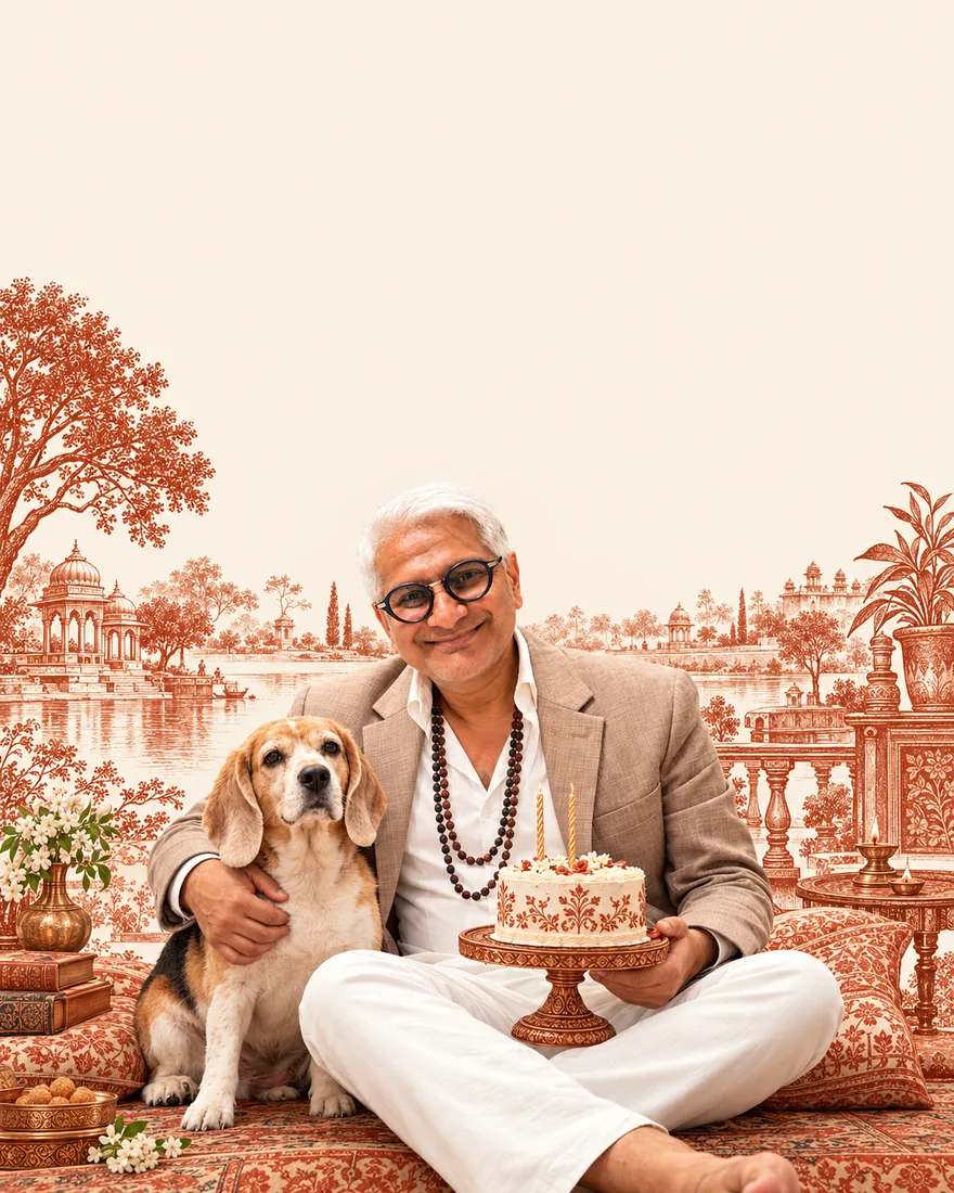 Sam Baba seated on floor cushions with his arm round his beagle, holding a cake with two candles